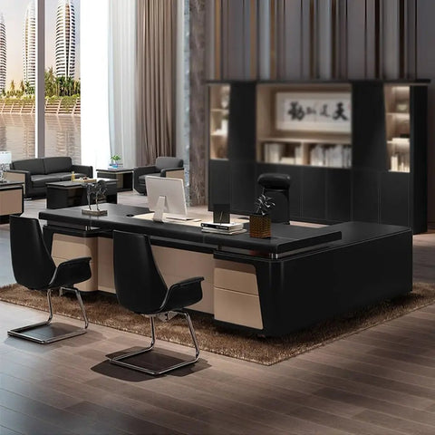 Modern Executive Computer Desk With Built In Storage Cabinet, Grind Ready Home Office Workstation, Boss Approved Writing Table in black finish.