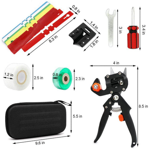 Garden grafting tool kit with 2-in-1 pruning tool, blades, grafting tapes, rubber bands, labels, and a black carrying case