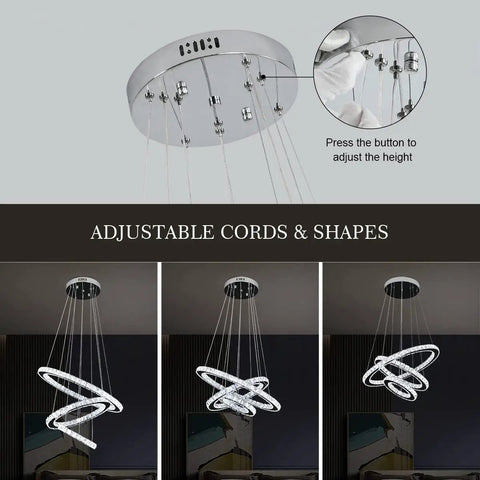 Modern LED Crystal Chandelier With Ring Lamp Body Dimmable 6500K Cool White Hanging Crystal Wind Bell Look 19.7 Inch in adjustable shapes