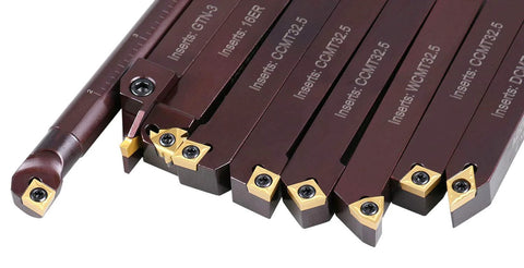 9-piece 5/8 in shank indexable turning and boring tool set with TiN-coated C6 carbide inserts in maroon holders.