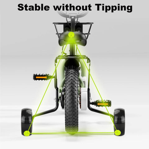 Rear view of Heavy Duty Training Wheels For Kids Bikes 12 To 20 Inch with Stabilizers, Steel Support Arms, installed on a bike