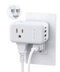 Heavy Duty Multi Plug Outlet Extender With Dual PD 20W USB C Fast Chargers And Three AC Sockets plugged into a wall socket.