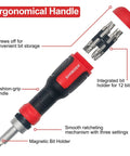 Ratcheting Screwdriver Set 13 In 1 All In One Multi Bit Tool with ergonomic handle and integrated bit holder for 12 bits.