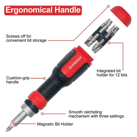 Ratcheting Screwdriver Set 13 In 1 All In One Multi Bit Tool with ergonomic handle and integrated bit holder for 12 bits.