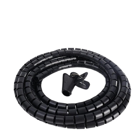 Spiral Cable Management Sleeve 2M Long for 10mm and 16mm Cables Black Wire Wrap and Protector for Home Office coiled on white background