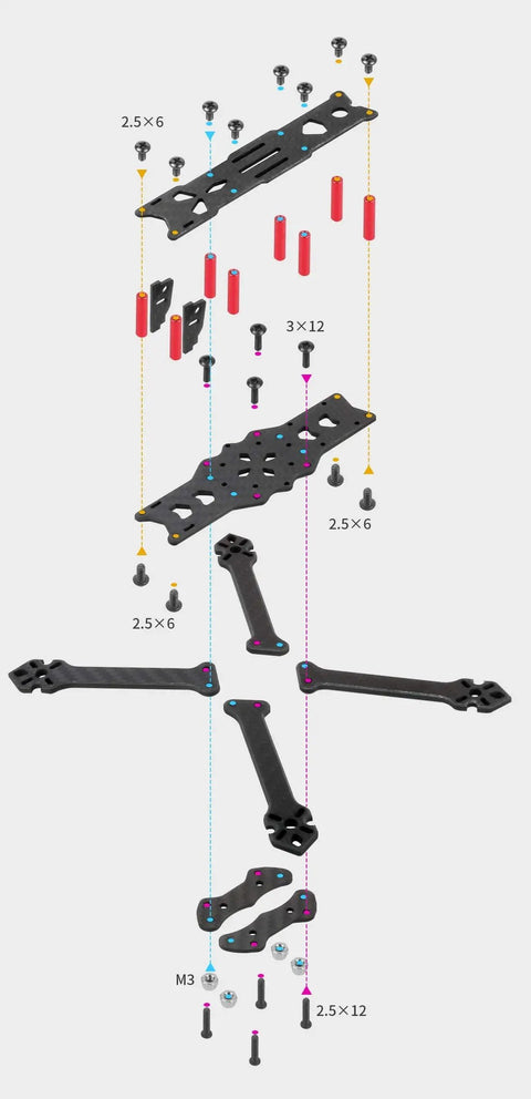 Exploded view of F4 X1 175mm FPV Racing Drone Frame Kit Carbon Fiber Quad Frame Rack for DIY RC Drones assembly