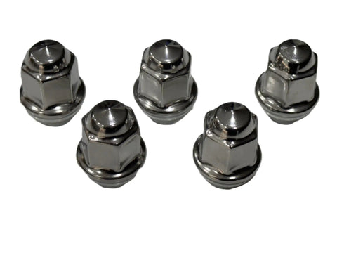 Five stainless lug nuts from Two Pack Trailer Wheel Lug And Cap Set With Stainless Hub Cover And Ten Stainless Lug Nuts For 3.19 Inch Center Bore Rim Includes Grease Fitting Access Plug