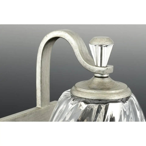 Close-up of Anjoux Dope Two Light Gray Bath Vanity Light with clear water glass shade and polished nickel accent, modern style detail
