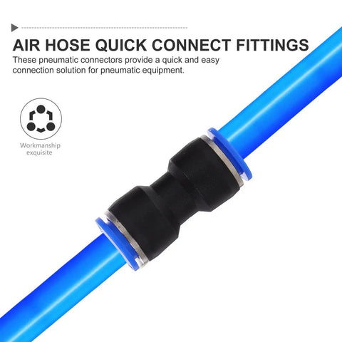 Grab The Healeved 50 Piece Pneumatic Fittings Quick Connect Push To Connect Air Hose Repair Kit Made From Sturdy Pu Plastic With Multiple Outer Diameters For Your Easy Connection Solution In The Shop, black quick-connect air hose fitting on blue tube