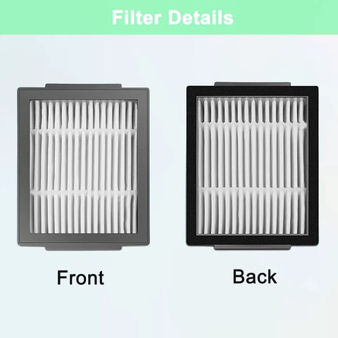 Front and back view of eight filters from All In One Replacement Parts Kit For Roomba E I J And Plus Series Vacuum Cleaners