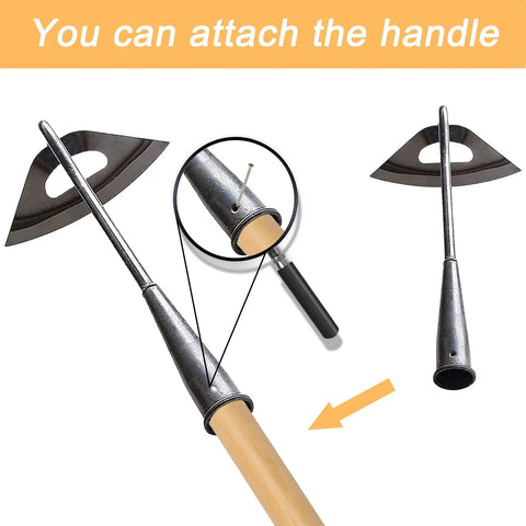 All Steel Hollow Garden Hoe With Long Handle, Heavy Duty Weeding Tool showing handle attachment, ideal for soil loosening.
