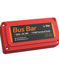 Premium Copper Bus Bar Power Distribution Block 300 Amp 4 M8 Studs 48V DC Max Red with labeling for automotive use.