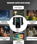 Diagram showing the Outdoor Dusk To Dawn Photocell Light Sensor Switch with Auto On Off in use for street, park, neon, courtyard, and factory lights.