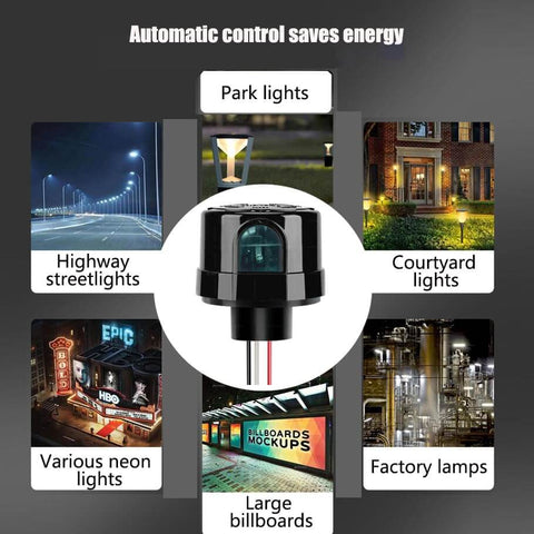 Diagram showing the Outdoor Dusk To Dawn Photocell Light Sensor Switch with Auto On Off in use for street, park, neon, courtyard, and factory lights.
