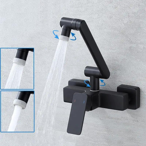 LZPHGB Black Wall Mounted Kitchen Faucet Foldable Dual Mode 360° Rotation Kitchen Sink Tap,Black with water flowing.