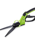 Ultra Sharp 15 Inch Grass Shears With 360 Degree Swivel Blades For Precise Lawn Trimming From A Manual Garden Cutter With 3Cr13 Stainless Steel Blades Nonstick Coating And TPR Handle For Easy Yard Work shown in a side view with lime green handle.