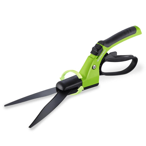 Ultra Sharp 15 Inch Grass Shears With 360 Degree Swivel Blades For Precise Lawn Trimming From A Manual Garden Cutter With 3Cr13 Stainless Steel Blades Nonstick Coating And TPR Handle For Easy Yard Work shown in a side view with lime green handle.