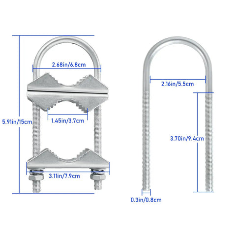 Heavy Duty Mast Clamp Kit For Outdoor Antennas With U Bolts And V Jaw Blocks, zinc plated, shown with measurements