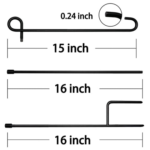Heavy Duty Garden Flag Stand With Collapsible Steel Holder Pole shows three black poles, sizes 15 and 16 inches, with 0.24 inch diameter.