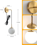 Set Of Two Brushed Gold Plug In Wall Sconces With White Glass Globe Shades Dope Modern Indoor Wall Lights With Cord For Bedrooms Easy Plug In Decor Lighting Minimalist Style, dimensions highlighted.
