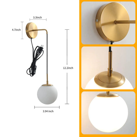 Set Of Two Brushed Gold Plug In Wall Sconces With White Glass Globe Shades Dope Modern Indoor Wall Lights With Cord For Bedrooms Easy Plug In Decor Lighting Minimalist Style, dimensions highlighted.