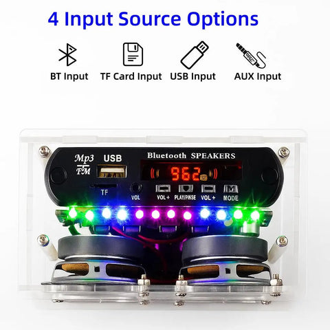 Soldering Practice Kit For Stereo Speaker Build With Bluetooth And FM Receiver Including USB Player showing 4 input options