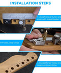 Guitar Tuner Drill Jig Made Of Stainless Steel For Pin Mount 6 In Line Machine Heads Easy Install Precise Hole Alignment Compatible With Fender Stratocaster Telecaster And Squier Electric Guitars installation steps.