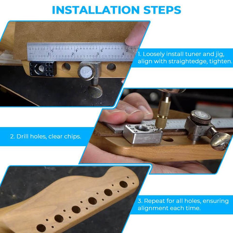 Guitar Tuner Drill Jig Made Of Stainless Steel For Pin Mount 6 In Line Machine Heads Easy Install Precise Hole Alignment Compatible With Fender Stratocaster Telecaster And Squier Electric Guitars installation steps.