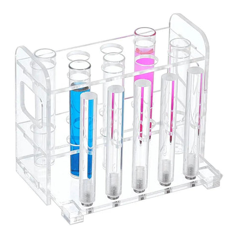 Clear Acrylic Test Tube Holder Rack With Eight Slots And Five Drying Poles Holds Up To 13 Glass Tubes Ideal For Aquarium Testing Lab Experiments Liquid Storage Centrifuge Tubes And Party Decor image showing holder with tubes