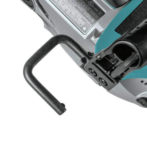 Close-up of handle and gear housing on a lightweight magnesium hypoid saw with seven and one quarter inch blade, oil bath tech.