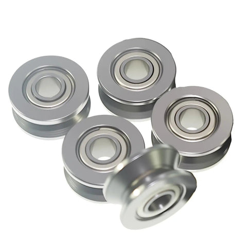 Five Pack V Groove Sealed Ball Bearings, 5mm Bore, 22mm OD, 5mm Thick, V Groove Width 3mm, Guide Pulley Bearings For Rails shown in a pile