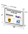 Premium 7 X 10 Inch Rustproof Aluminum Delivery Instructions Metal Sign For Amazon And FedEx And Ups Package Drop Off Outside with dimensions and holes.