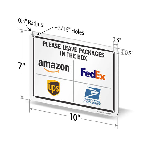 Premium 7 X 10 Inch Rustproof Aluminum Delivery Instructions Metal Sign For Amazon And FedEx And Ups Package Drop Off Outside with dimensions and holes.