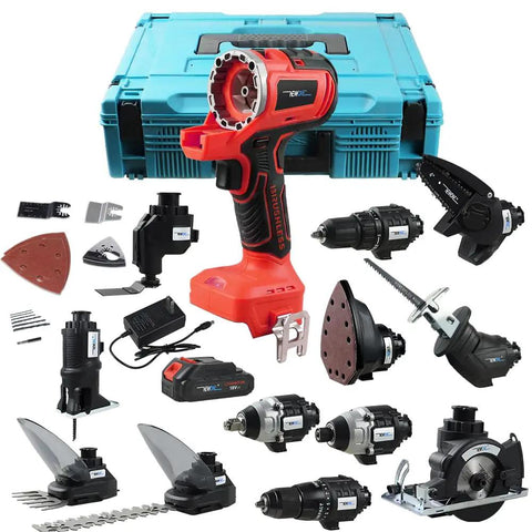 All-In-One 12 Tool Cordless Power Tool Kit With 2 Batteries And Charger, Milwaukee 18V Compatible, showing tools and case