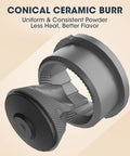 Heck Yeah Rechargeable Coffee Grinder With Blazing Fast Conical Ceramic Burr showing the detailed ceramic burr for consistent grinding.