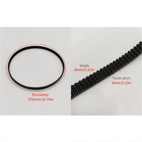 Heavy Duty Replacement Drive Belt For Stand Mixers With 125 Teeth And 375mm Length Made From Tough Rubber, showing dimensions and structure.