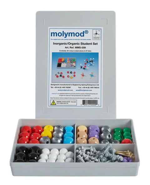 Open box showing Hands On Inorganic And Organic Chemistry Molecular Model Kit For Students 52 Atom Parts Durable Plastic Atoms And Links.