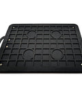 Black base of Sequin Tech Golf Mat With Instant Swing Feedback And Ball Impact Analysis, grid pattern with handle visible.