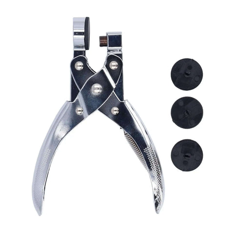 Handheld Single Hole Paper Punch For Scrapbooking And Office Use, Metal Circle Punch with spare parts, silver finish, shown with extra discs