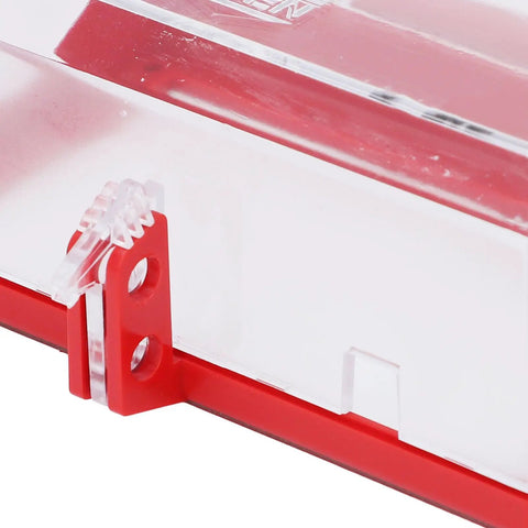 Close-up of Two Pack Emergency Stop Button Cover Kit showing red and clear resin, impact-resistant for industry environments.