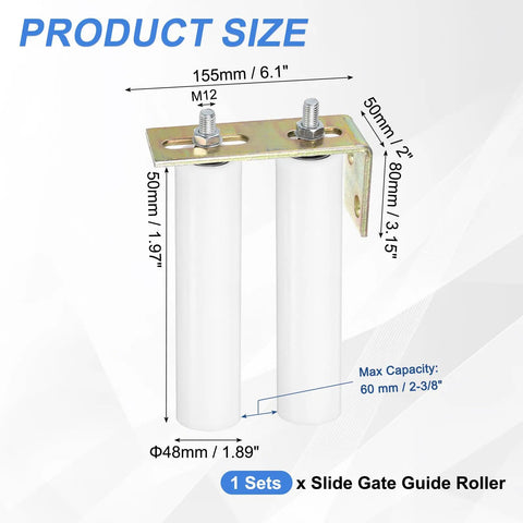 Slide Gate Guide Roller Kit With 8 Inch Nylon Rollers And L Shaped Rear Post Bracket Universal Sealed Ball Bearing Gate Guider For Sliding Doors White Fits 2 3 8 Inch Gate Width showing product size dimensions