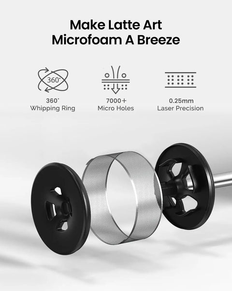 LunaFro Art Rechargeable Handheld Milk Frother With No Steam Wand Stepless Speed Control detail showing micro holes and whipper ring.