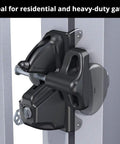 Heavy Duty Adjustable Gate Latch With Six Pin Key Lock, Rekeyable Fence Hardware Fits Square Posts Up To Six Inches, No Sweat Installation Black security lock installed on metal gate.