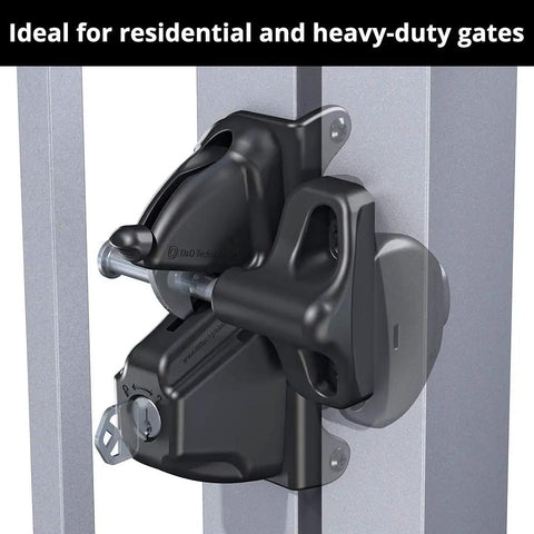 Heavy Duty Adjustable Gate Latch With Six Pin Key Lock, Rekeyable Fence Hardware Fits Square Posts Up To Six Inches, No Sweat Installation Black security lock installed on metal gate.