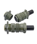 MIL-C-5015 circular military-spec connector set, olive-drab metal, 24-28S plug, three connectors with pins and threaded bodies