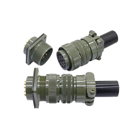 MIL-C-5015 circular military-spec connector set, olive-drab metal, 24-28S plug, three connectors with pins and threaded bodies