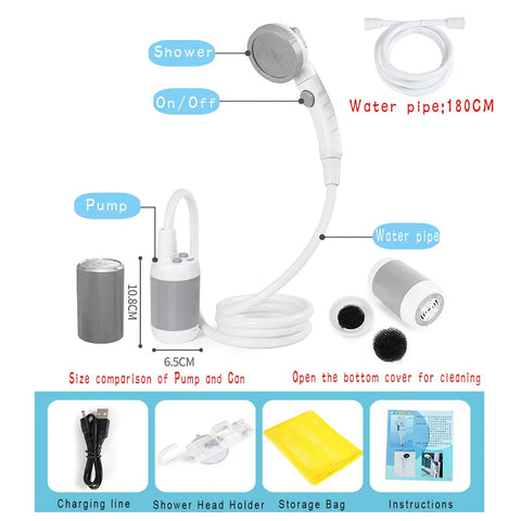 On The Go Portable Electric Camping Shower With Built In 5000mAh Battery components including pump and water pipe