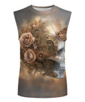 Hella Comfy Dope Mens Hawaiian Floral Skull Butterfly Graphic Sleeveless Tank Top lightweight vintage design with gears and roses