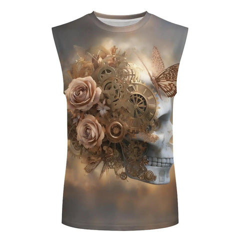 Hella Comfy Dope Mens Hawaiian Floral Skull Butterfly Graphic Sleeveless Tank Top lightweight vintage design with gears and roses