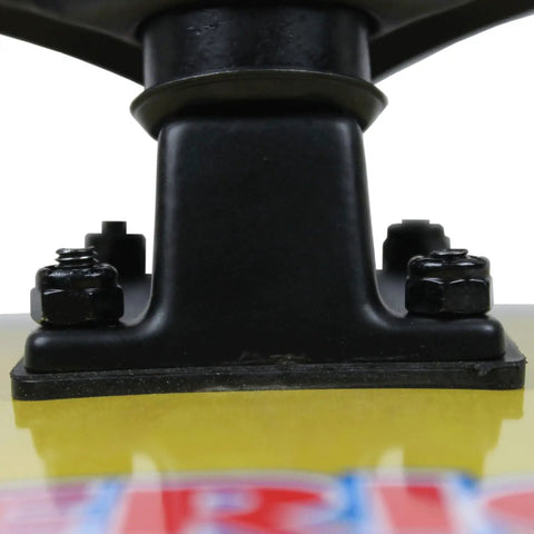 Close-up of Skateboard Hardware Kit 1 1/8 Inch Phillips Nuts And Bolts 8 Piece Set Black for Trucks and Decks on yellow board.
